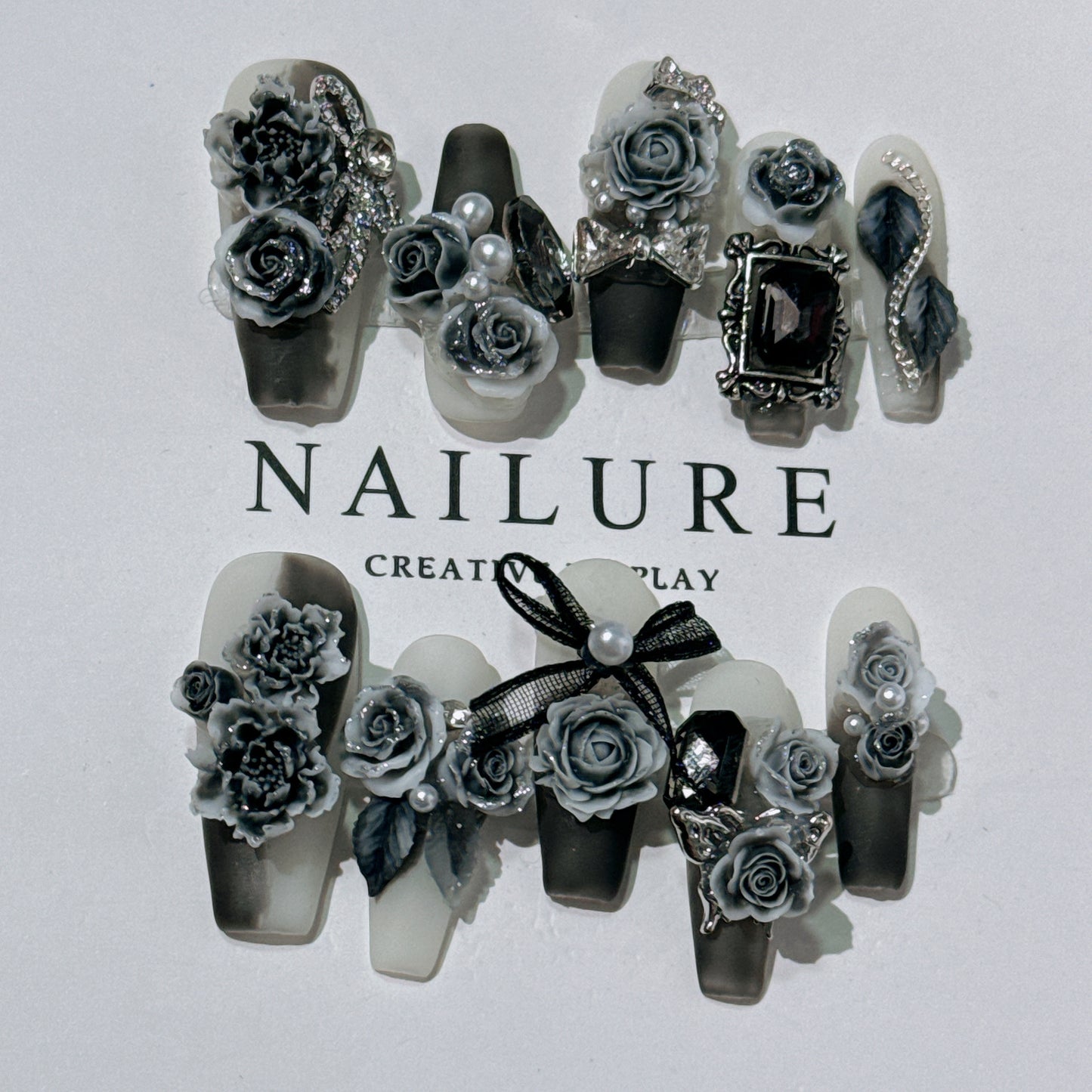 Original Manicure Advanced Carved Black and Rose Red Jiangnan Ink and Wash Style Internet Celebrity Manicure Wear Nail