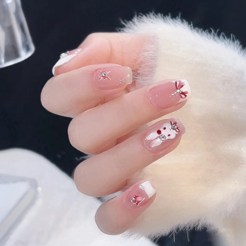 Fashion  nail French Rabbit Bow Fake Nail Patch Finished Nail Beauty Wearable Nail Stickers X100