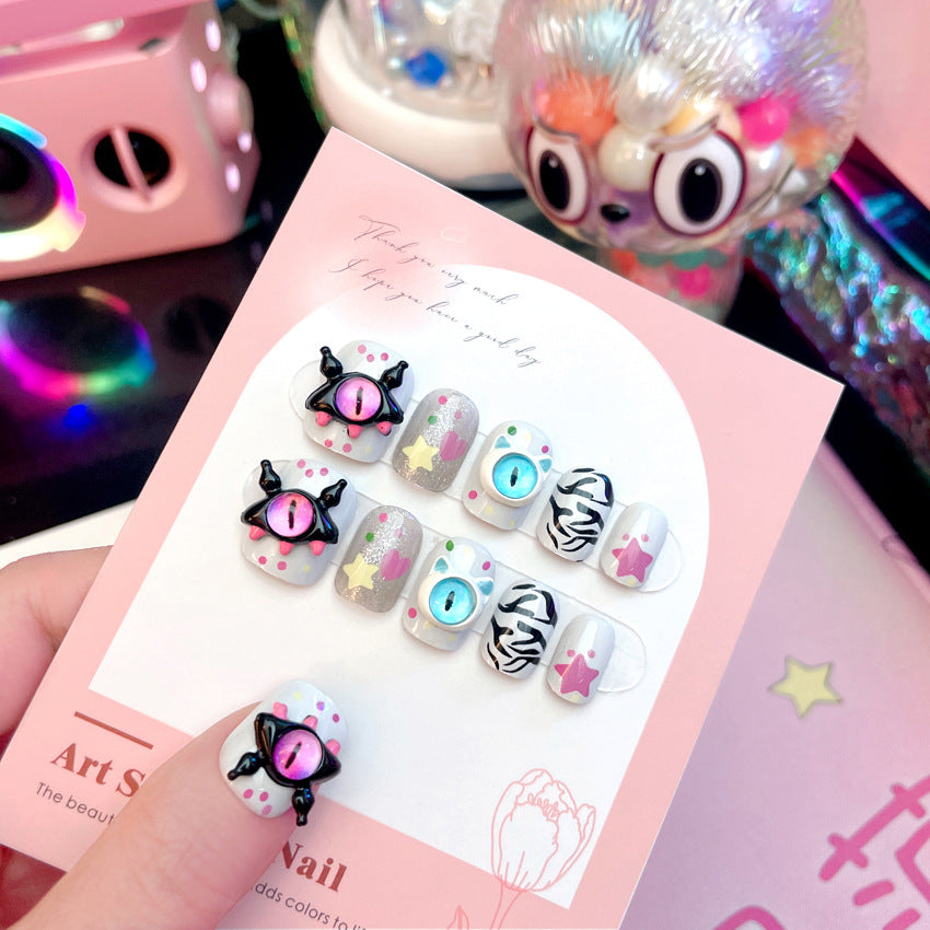 Fashion  nail Dopamine Manicure Little Monster Little Devil Short Cute Devil's Eye Cartoon Wear Nail Sweet Cool Hot Girl A57