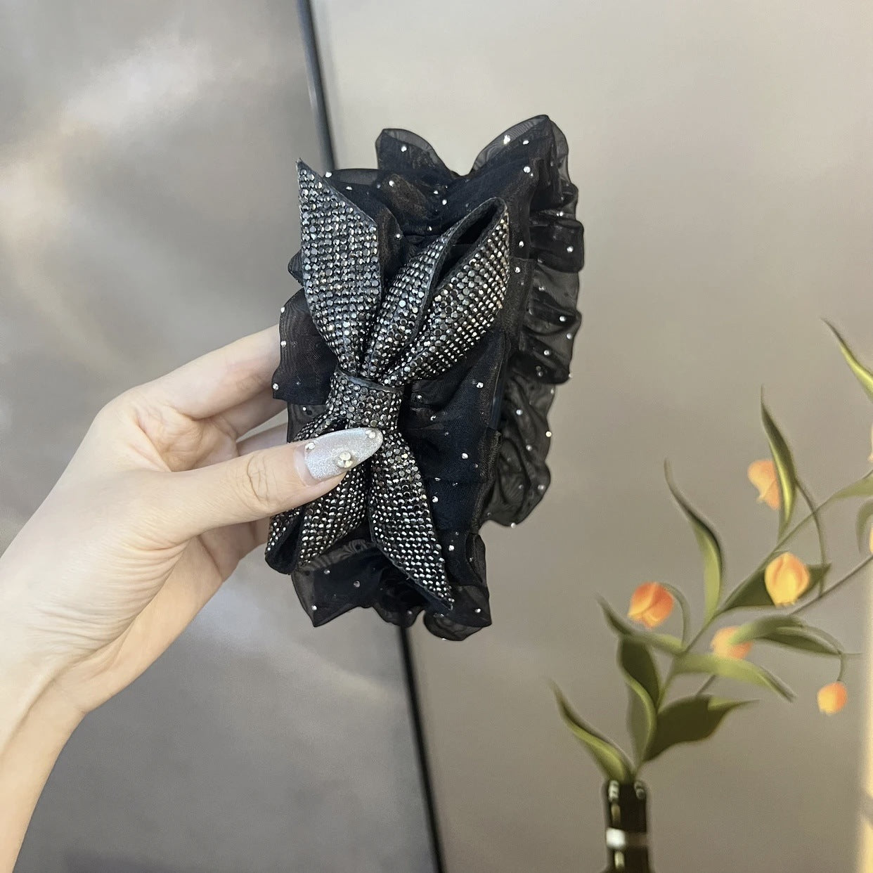 秋冬黑色珍珠蝴蝶结缎面发箍韩系高颅顶压发头箍高级感发饰品批发