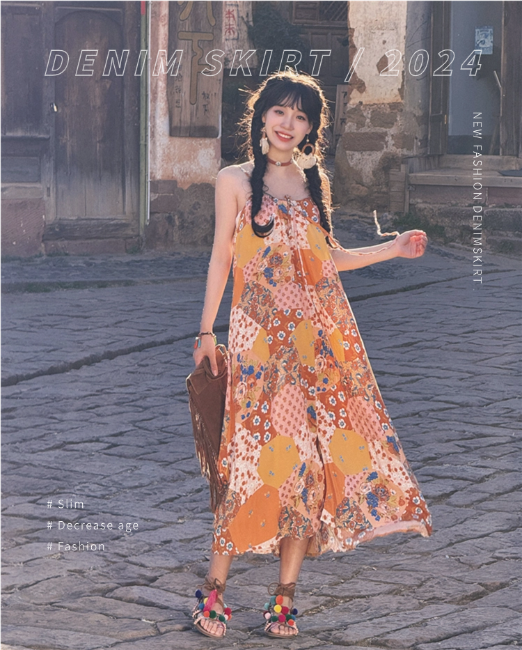 Dopamine dress Free shipping Tattoo Printed Suspender Dress Female Sweet Mori Vest Shawl Pastoral Summer Dopamine Seaside Dress
