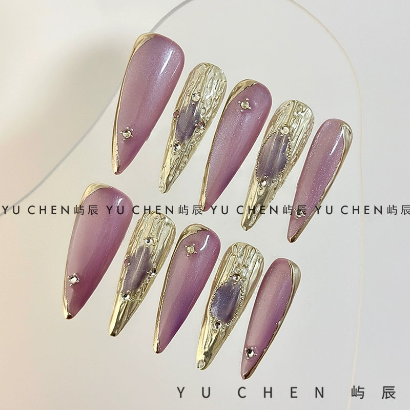 (Hand made nail) Original by Yuchen | Purple Buchirati Nail Wearing Nail Handmade Cat Eye Light Gold 3D Relief Heavy Industry