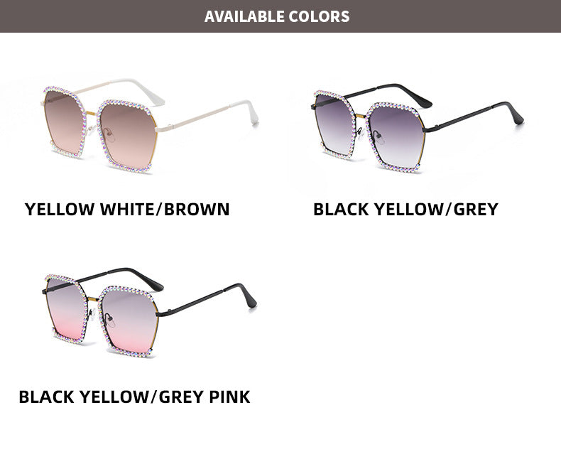 Women's fashion glasses 跨境新欧美镶钻大框太阳镜女高级感复古茶色墨镜显瘦韩版防晒眼镜