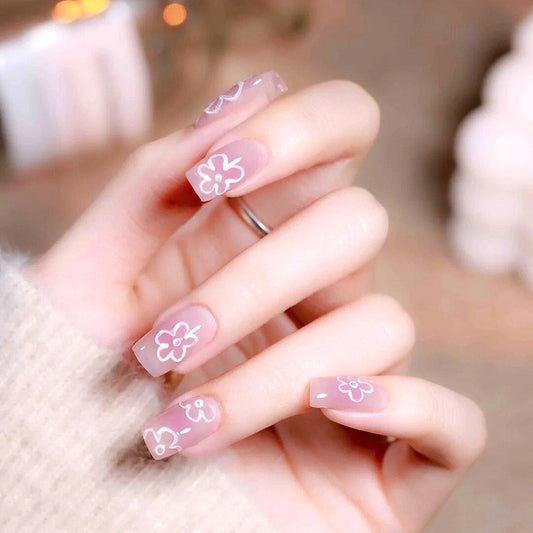 Fashion  nail Wearable Nail Sticker White Flower Wear Nail Polish Nail Shaped Piece Removable Nail Patch Finished Product Y25