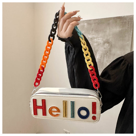 Dopamine Bag Free shipping Tattoo Cross-border women's bags, new dopamine contrasting letters, fashion camera bags, zipper, small square bag, acrylic chain, single shoulder.