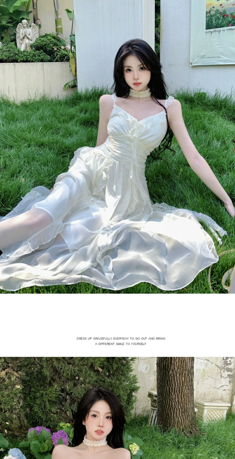 Fashion women's wear French Pure Desire Sexy White Ruffled Chiffon Sling Dress Fairy Seaside Vacation Escape Princess Long Dress