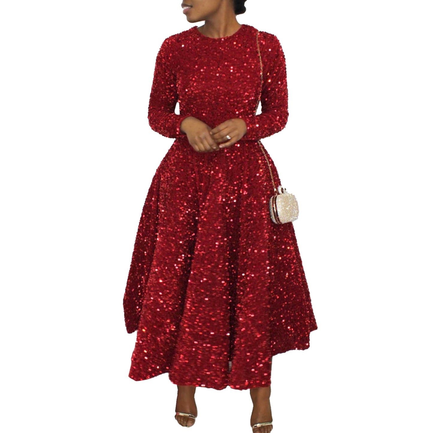 Fashion women's wear D469 Cross-Border New Arrival Women's round Neck Long Sleeve Pure Color Sequins High Waist Temperament Mid-Length Formal Dress European and American Style Dress