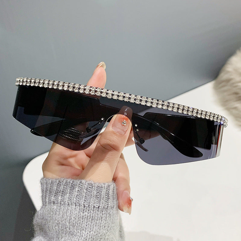 Women's fashion glasses 2023跨境爆款一体太阳镜 欧美个性镶钻连体骑行眼镜 嘻哈运动墨镜
