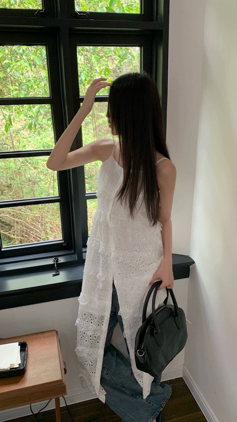 Fashion women's wear Fashionable Embroidery Hollow out Sweet Spaghetti-Strap Dress Women's Clothing Spring 2024 New Mid-Length Waist Split Skirt