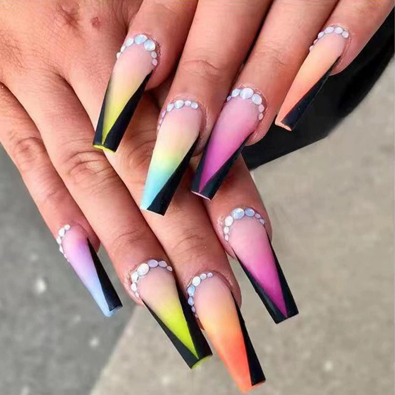 (Hand made nail) European and American Spicy Girl Super Long Instagram Dark Small Stand Retro Trapezoidal Shining Diamond Beauty False Nail Patch Detachable Wearable Nail