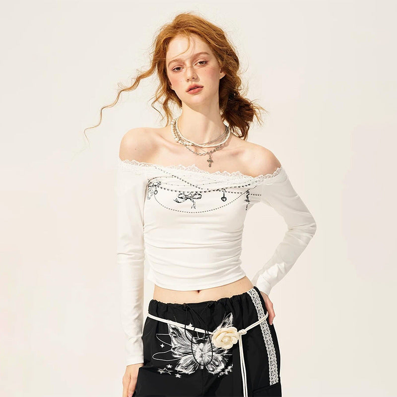 Free shipping   Shoulder Slim Long Sleeve Lace Splicing Skinny Short T-Shirt tops