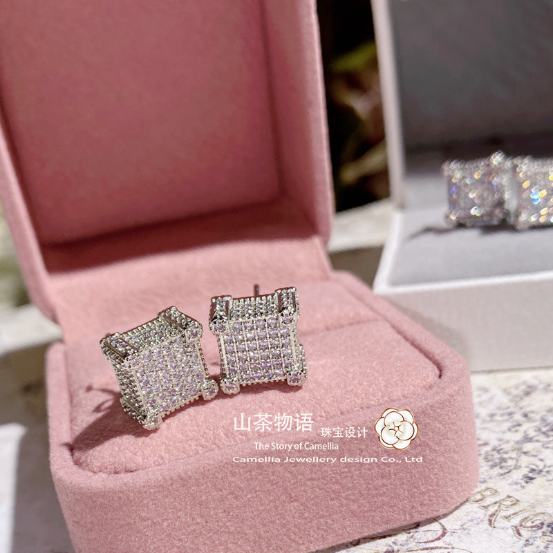 Camellia欧美方块满钻耳钉 镀金仿过敏镶粉粉锆个性小众情侣耳饰