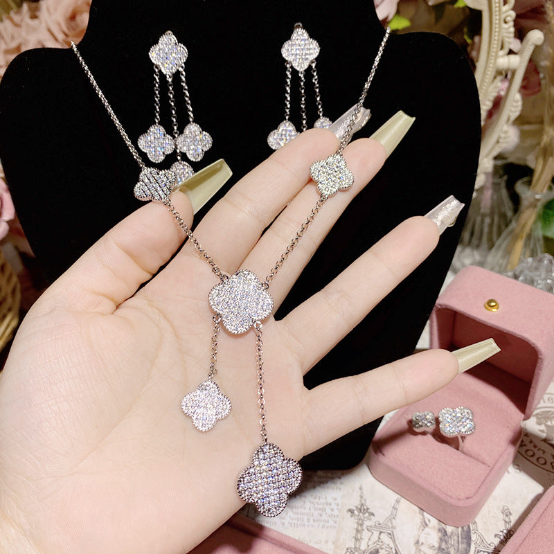 珠宝首饰山茶欧美轻奢满钻小众幸运四叶花项链耳钉手链  长款流苏精致套装