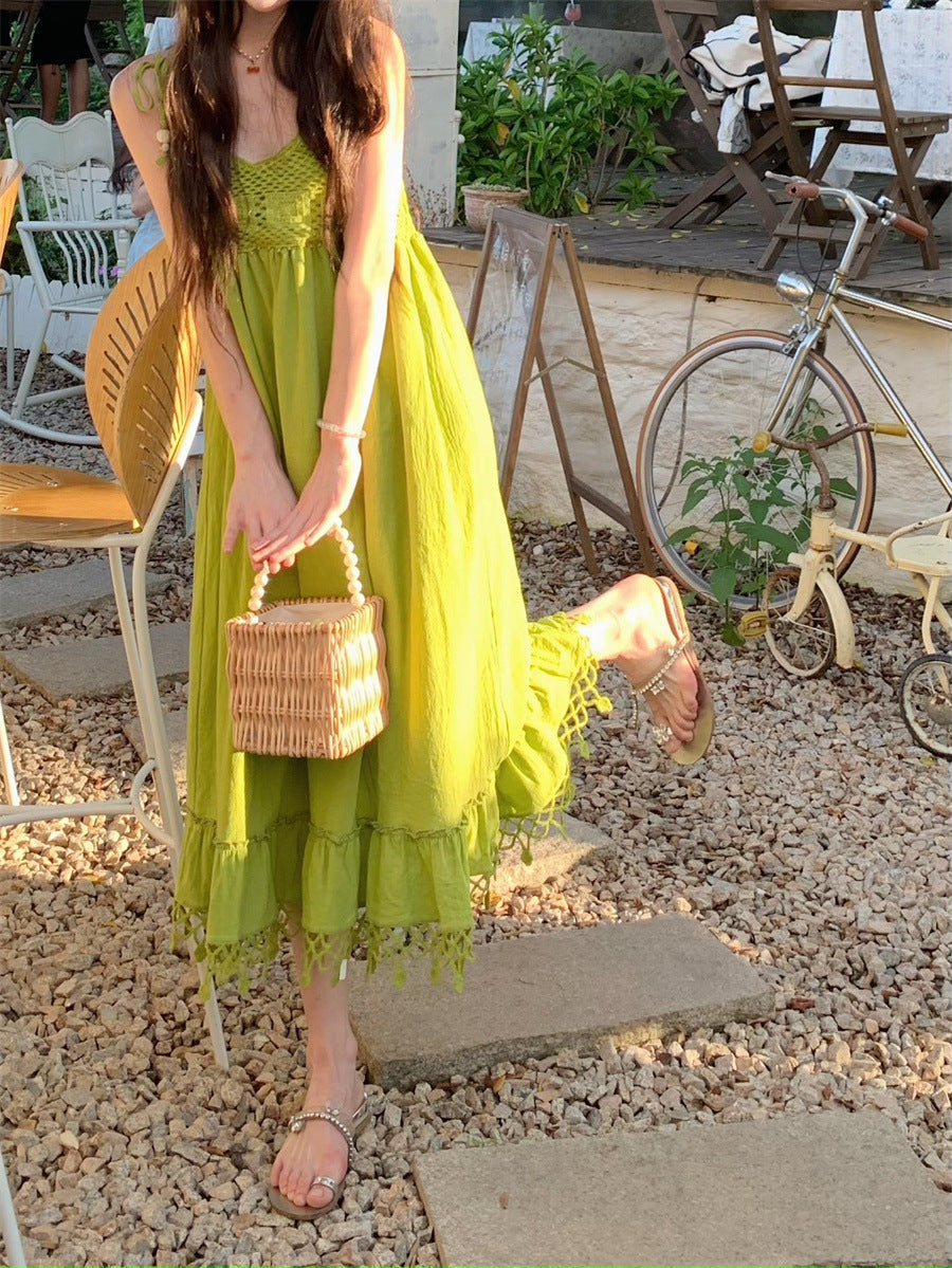 Dopamine dress Free shipping Tattoo Avocado green knitted hollow fringed suspender dress women's summer seaside vacation wind summer dopamine skirt
