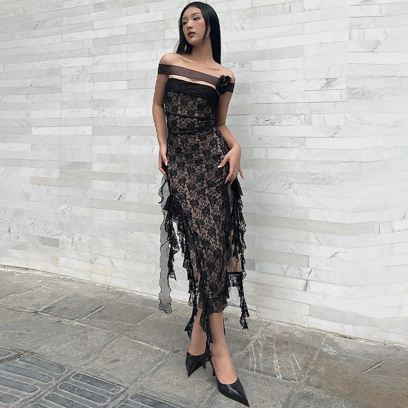 Fashion women's wear INS Style Women's Clothing 2024 New Sexy Hot Girl Lace Double-Layer Tube Top off-Neck Slit Ribbon Dress