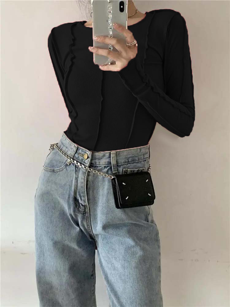 Free shipping women's clothing bright line niche design solid color base T-shirt versatile and thin long sleeves tops