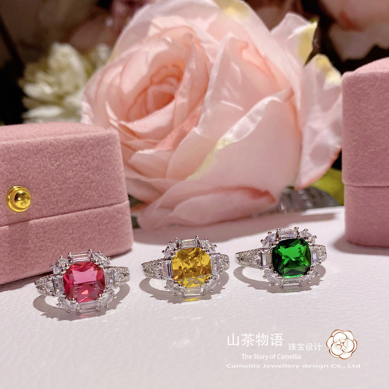 山茶新品奢华高端气质公主彩宝开口戒 超闪璀璨彩宝满钻复古指环