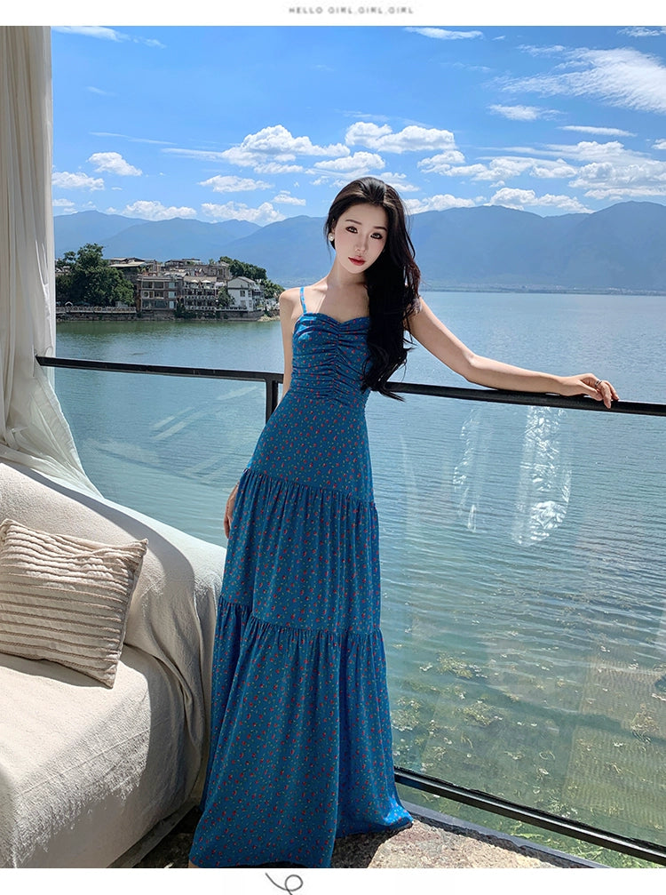 Fashion women's wear off-Shoulder Spaghetti Straps Dress Women's Summer Sanya Seaside Holiday Beach Skirt Floral Backless Waist Trimming Ankle-Length Dress