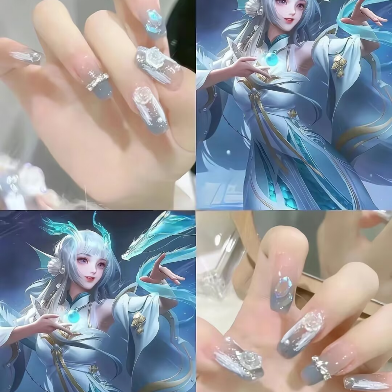 (Hand-made nail) Hand-customized fake nails patch finished product smog blue camellia manicure advanced sense bride A pregnant woman wears a nail.