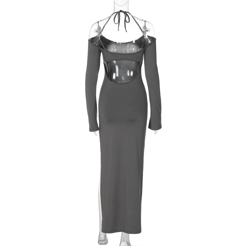 Fashion women's wear Slimming off-Shoulder Long Sleeve Halter Dress Early Autumn New Hot Girl Sexy Backless Sheath Split Dress Fashion