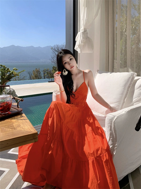 Fashion women's wear Yunnan Travel Photography Fairy Dress Orange Deep V-neck Backless Sling Dress Sanya Seaside Beach Skirt Female