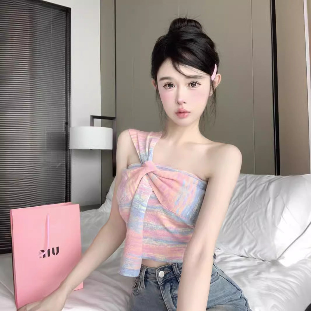 Dopamine tops Free shipping Tattoo Dopamine Color Striped Irregular Suspender Vest Women's Summer Outside Pure Desire Sweet Spice Girl Tube Top Bottom Top