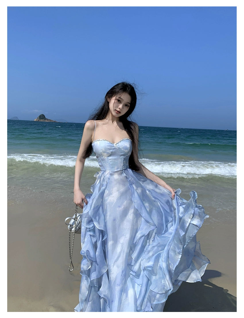 Fashion women's wear Phantom Fairy Seaside Vacation Elegant Beach Dress Ruffled Escape Princess Skirt Summer Sling Dress