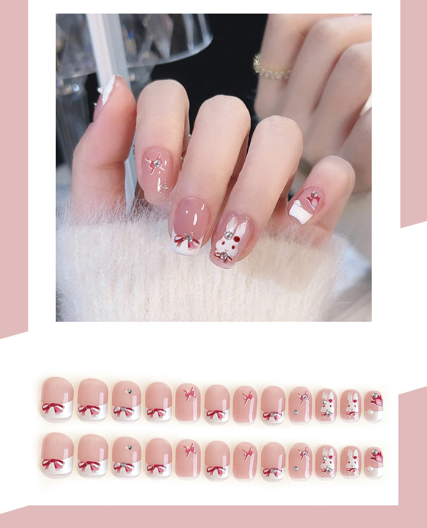 Fashion  nail French Rabbit Bow Fake Nail Patch Finished Nail Beauty Wearable Nail Stickers X100