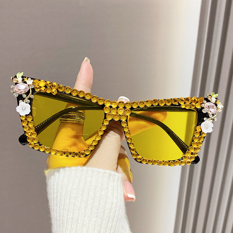 Women's fashion glasses 跨境新款镶钻太阳眼镜酷炫连体金属边朋克墨镜男欧美个性女搞怪