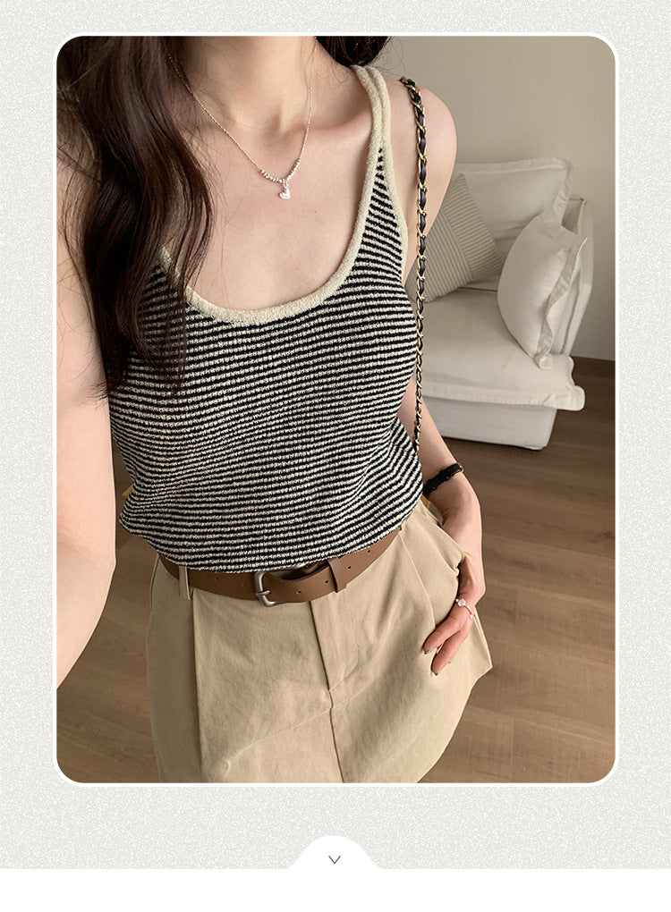 Dopamine tops Free shipping Tattoo Real photo Dopamine unique chic design striped sling vest women's spring and summer new sleeveless top