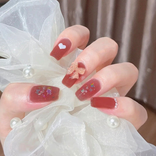 甜心冰柚爱心蝴蝶结美甲成品甲片美甲假指甲片指甲贴片穿戴美甲片