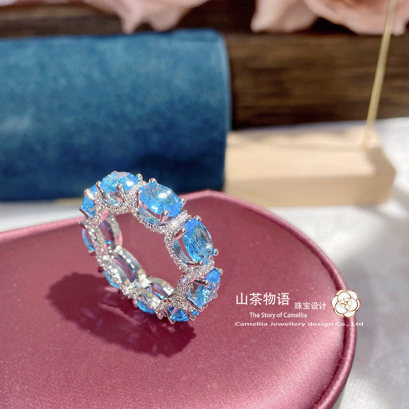 Camellia珠宝海蓝戒指 镀S925银仿彩宝款女式高级质感4*6镶钻排戒