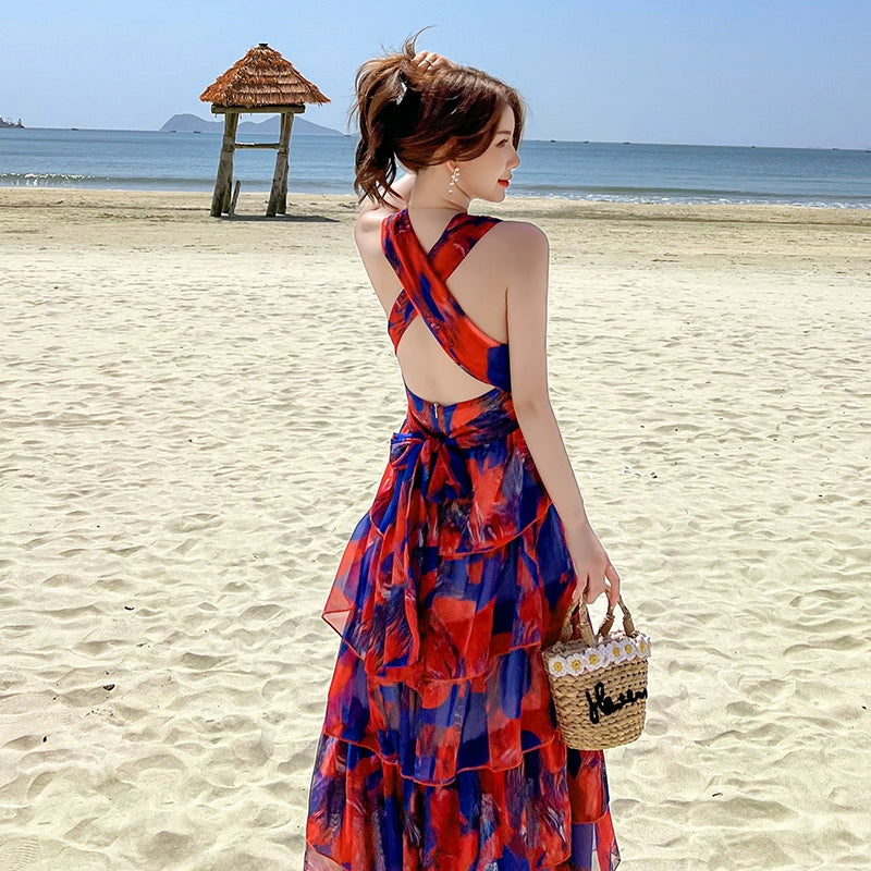 Fashion women's wear Chiffon Sling Dress Women's Summer Waist Slimming Sanya Travel Seaside Vacation Beach Dress Super Fairy Backless