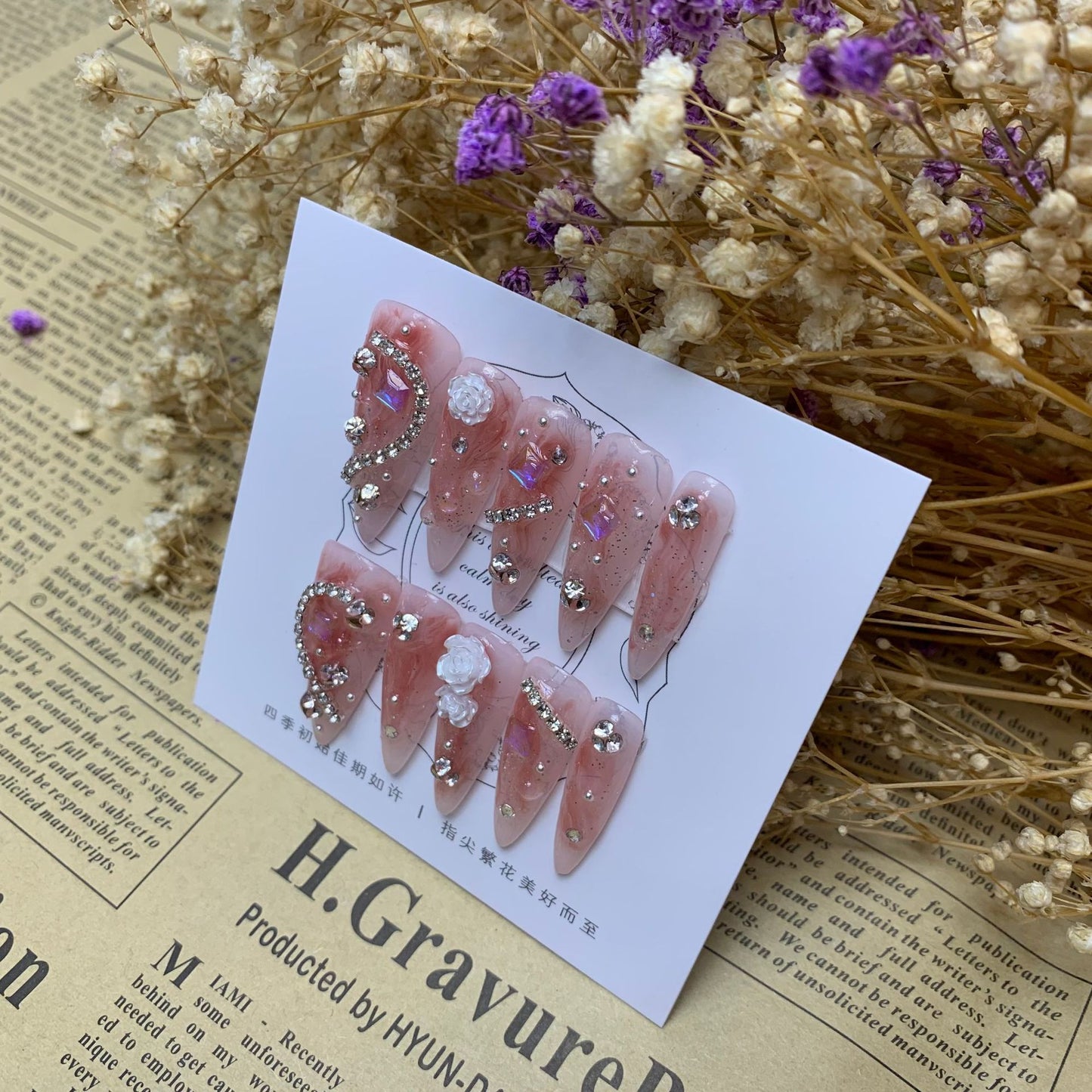 (Hand-Made Nail) 333 Handmade Phototherapy Wear Nail Almond Nail Full Diamond Camellia Wear Nail Finished Product Repeated Use Nail Art