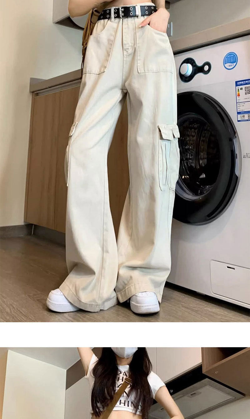 Dopamine pants Free shipping Tattoo Dopamine wears American overalls for women's 2023 summer new loose straight vertical apricot wide-leg floor pants