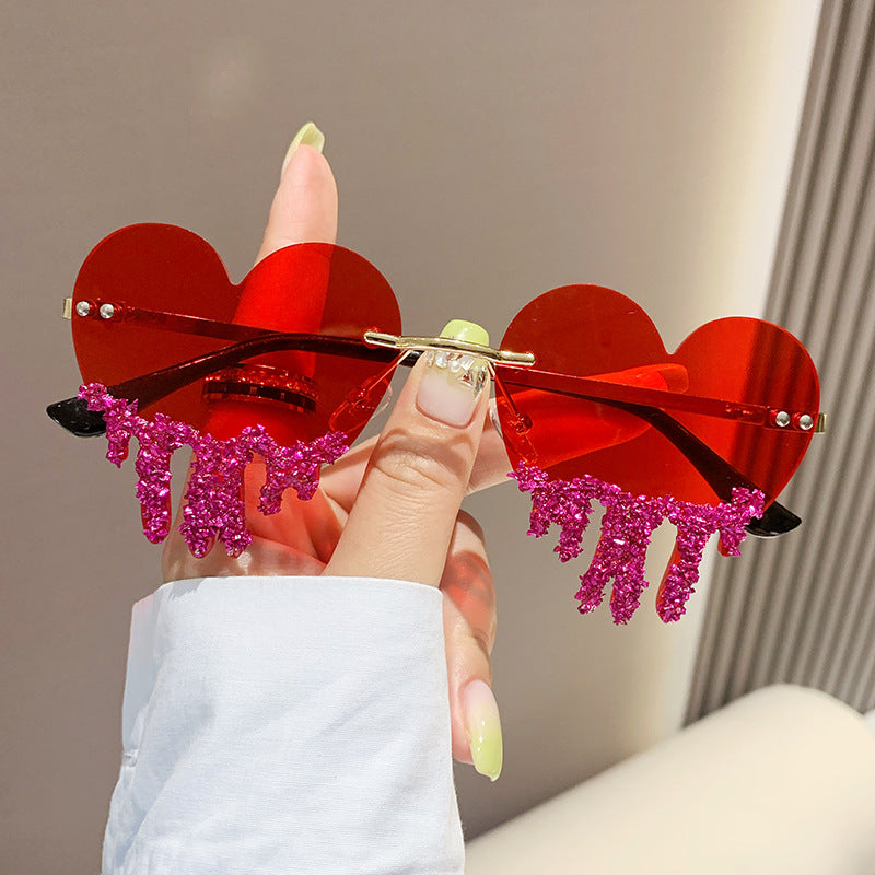 Women's fashion glasses 跨境个性爱心眼泪太阳镜女水钻无框趣味拍照墨镜高级感镶钻太阳镜