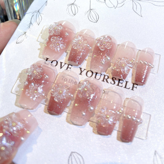 Fashion  nail New Fresh Manicure Wear Nail Ins Advanced Pure Desire Glitter Nail Patch Flowers Pearl Nail Beauty A32