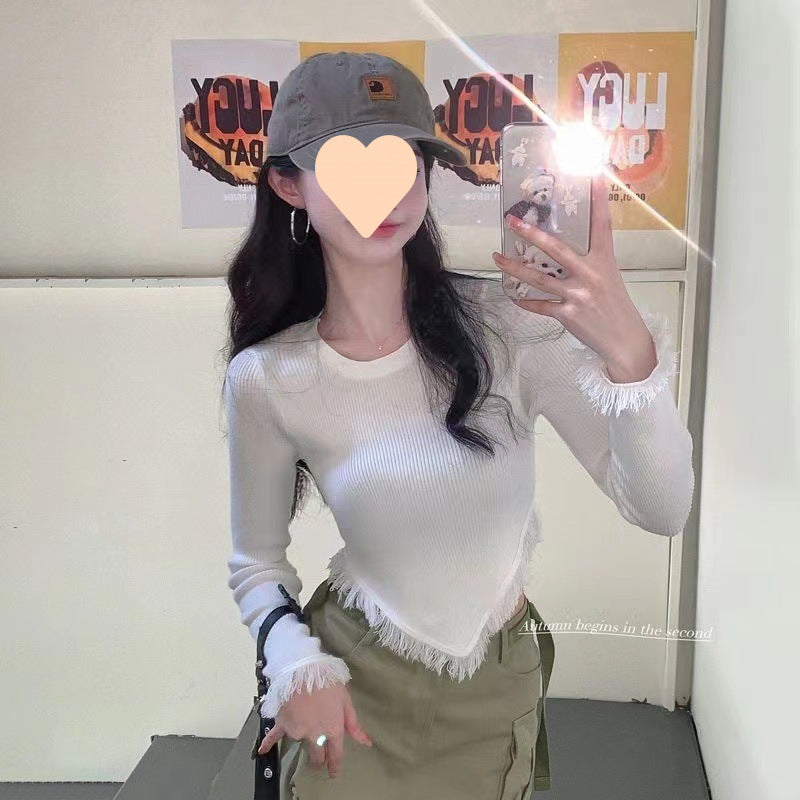 Dopamine tops Free shipping Tattoo Autumn and winter pure desire Su irregular knitted sweater top women's design sense slim fit sweet cool long sleeve short style tide
