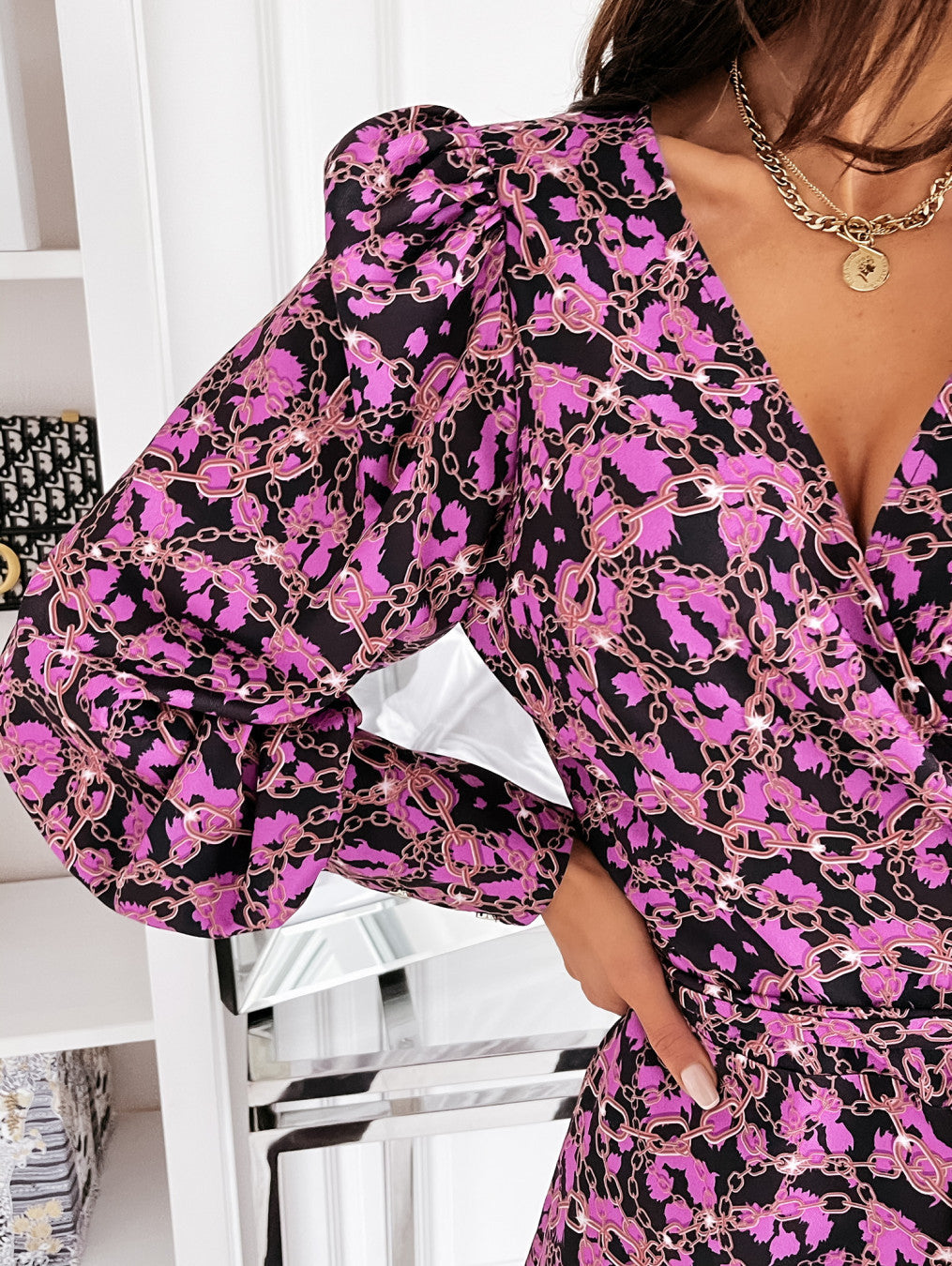 Fashion women's wear Amazon Hot Foreign Trade Women's Clothing Cross-Border European and American Station Spring and Autumn Print V-neck Waist-Controlled Long Sleeves Dress