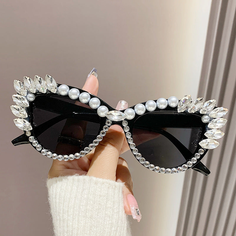 Women's fashion glasses 跨境新款镶钻太阳镜 欧美时尚网红ins水钻眼镜个性嘻哈珍珠墨镜女