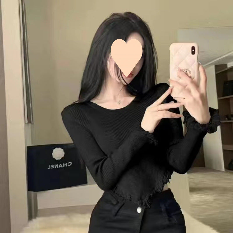 Dopamine tops Free shipping Tattoo Autumn and winter pure desire Su irregular knitted sweater top women's design sense slim fit sweet cool long sleeve short style tide