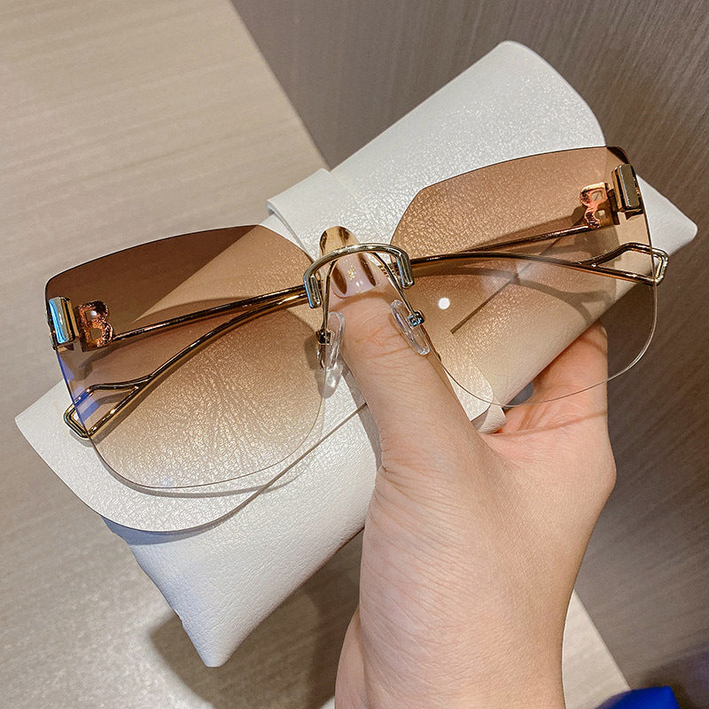 Women's fashion glasses 2022新款跨境B家无框切边太阳镜女时尚网红金属大框墨镜太阳眼镜