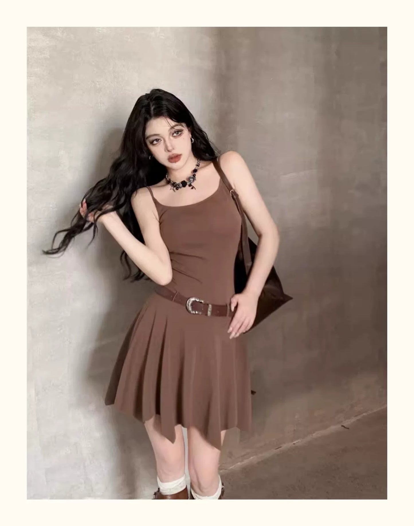 Fashion women's wear Brown Sleeveless Sling Dress Women's Summer Hot Girl Fitted Waist Pleated A- line Short Skirt Ruffled Cardigan Two-Piece Set