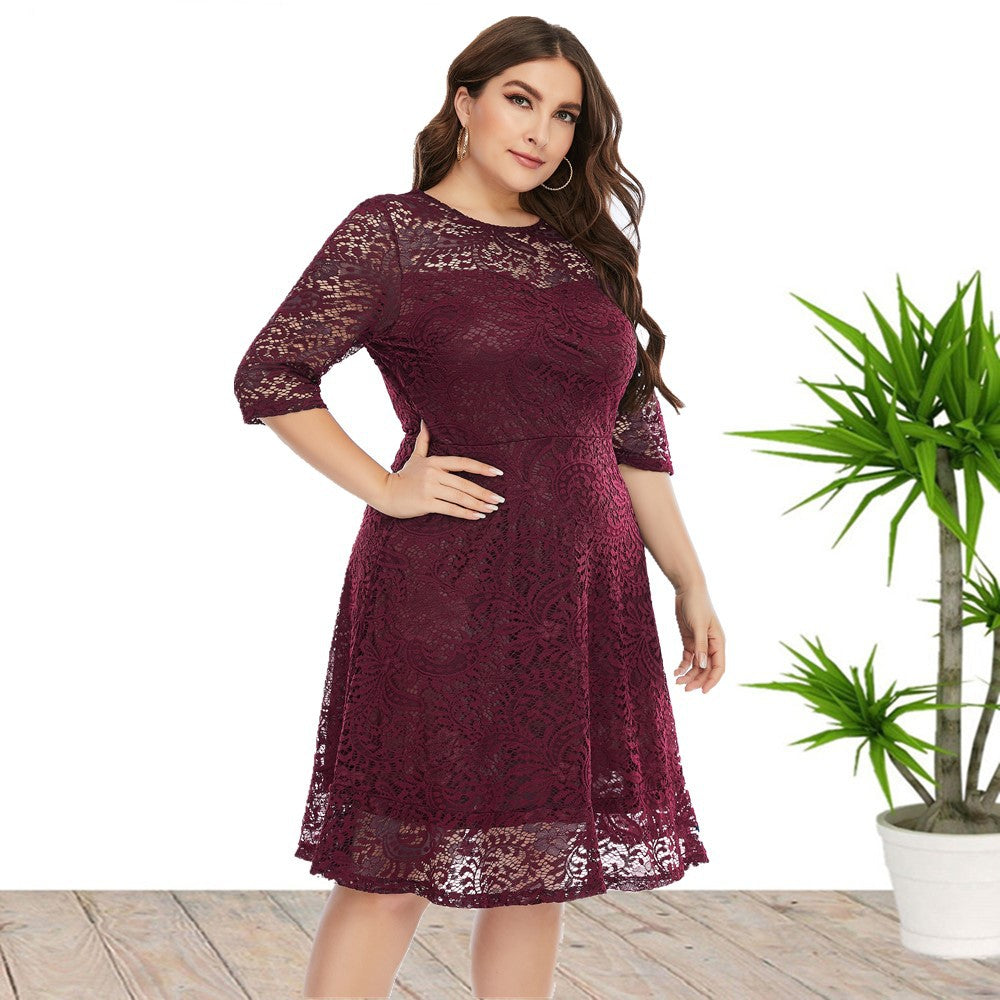Fashion women's wear 2024   plus Size Women's Clothes round Neck Lace Mid-Length Formal Dress Dress Sq0156