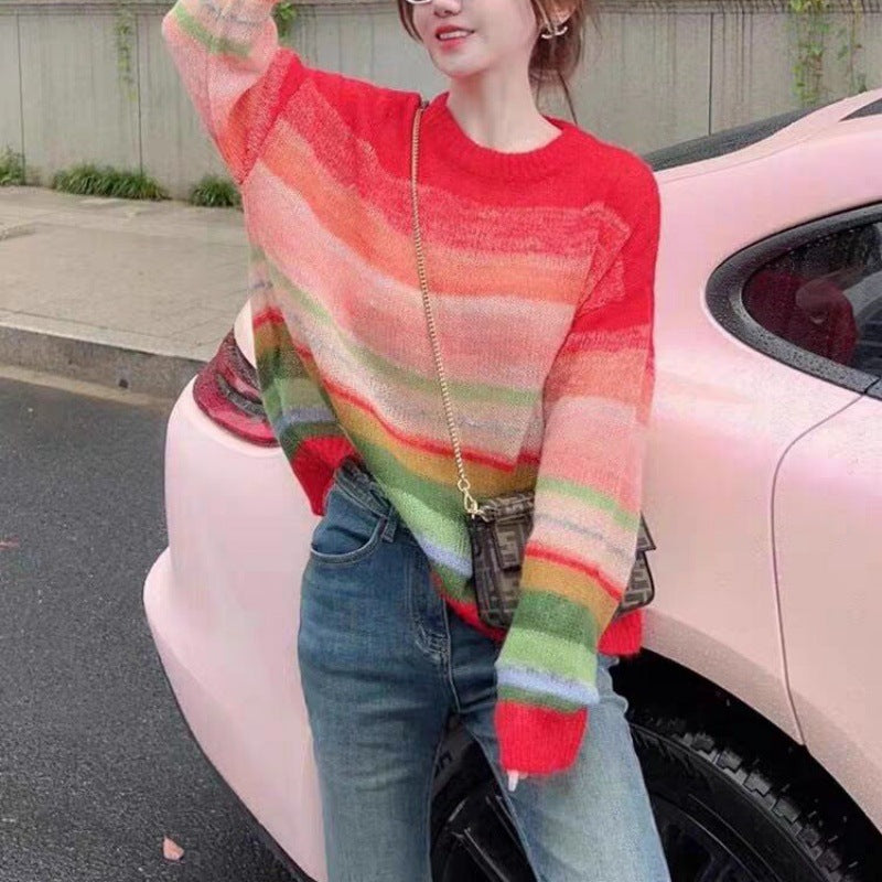 Dopamine tops Free shipping Tattoo 2024 autumn and winter new dopamine wear age-reducing rainbow knitted striped temperament soft waxy lazy wind loose sweater