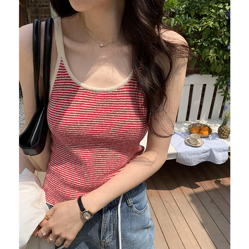 Dopamine tops Free shipping Tattoo Real photo Dopamine unique chic design striped sling vest women's spring and summer new sleeveless top