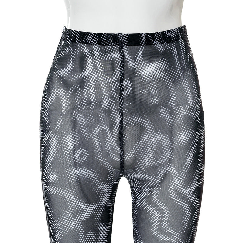 Fashion women's wear Q21pt540 Cross-Border Autumn New Printed High Waist Voile Micro Transparent Fashion Casual Women's Long Bell-Bottom Trousers