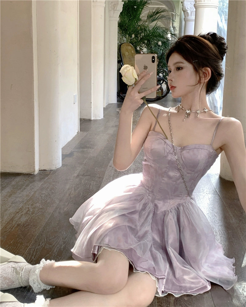 Fashion women's wear Tea Break French Style Fishbone Sling Dress Fairy Birthday Dinner Suit Disney Princess on the Run Bubble Skirt