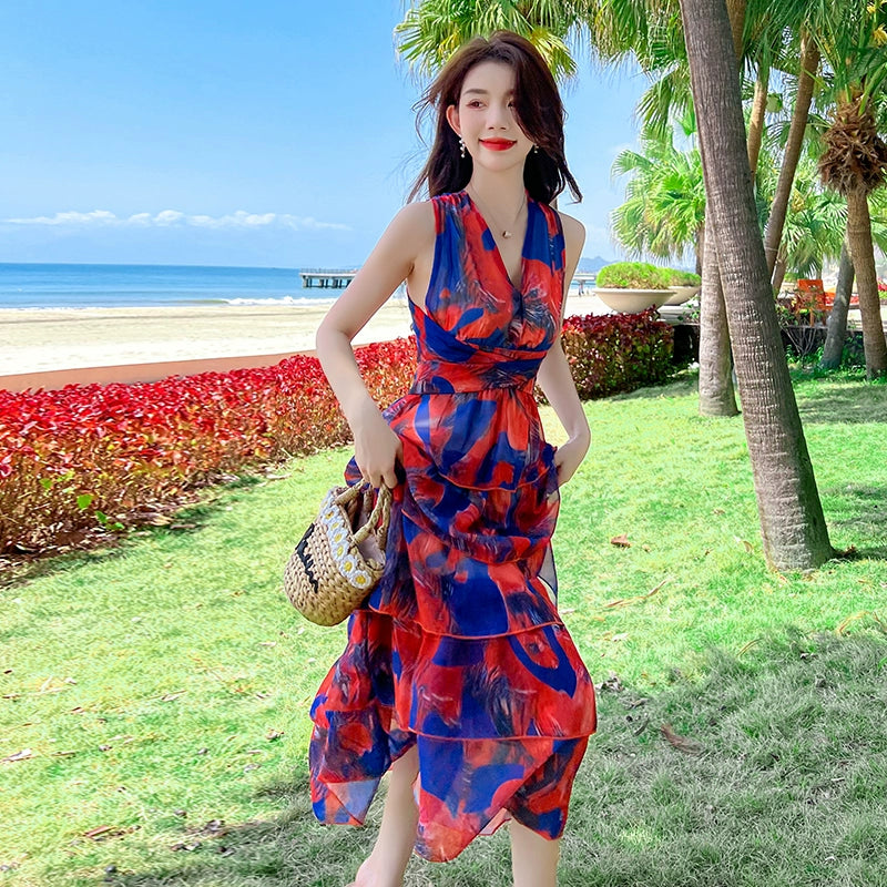 Fashion women's wear Chiffon Sling Dress Women's Summer Waist Slimming Sanya Travel Seaside Vacation Beach Dress Super Fairy Backless