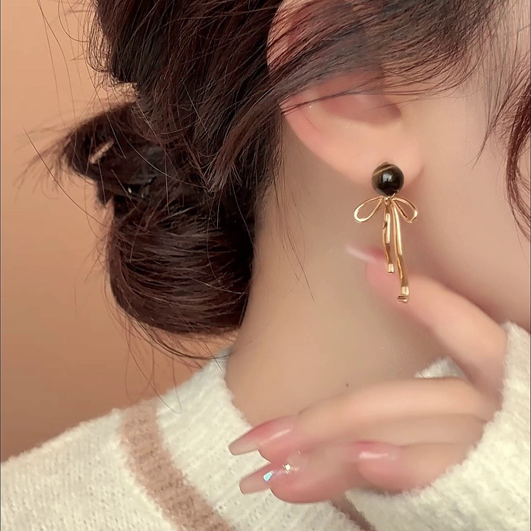 银针虎眼石蝴蝶结耳环美拉德小众甜美气质耳钉高级感百搭耳饰批发